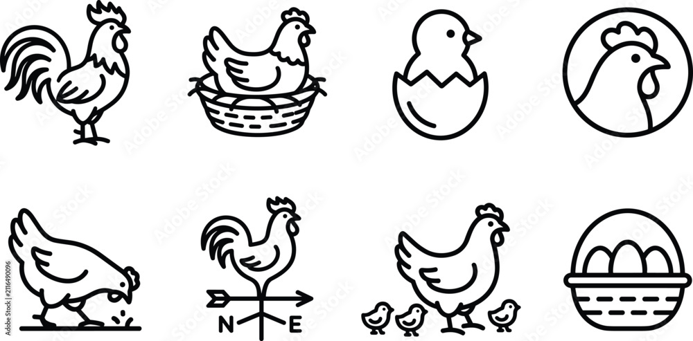 Fototapeta premium Poultry Farm and Domestic Chicken Line Icon Set for Organic Egg Packaging, Agriculture Blogs, and Fresh Food Branding