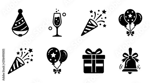 Celebration icons display a joyful array of party elements for festive events and social gatherings.