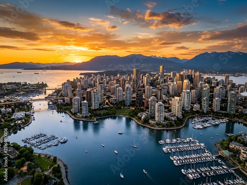 Aerial view of vancouver city skyline and coal harbour at sunset with mountains in the background