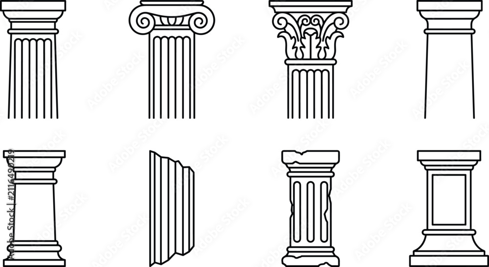 Fototapeta premium Ancient Greek Column and Architectural Pillar Line Icon Set for History Museum Branding, Law Firm Logos, and Blueprints