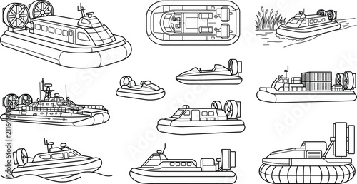 Fotografía Hovercraft Air Cushion Vehicle Line Art Set for Marine Transportation Vector Gra