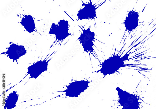 Abstract blue ink splatter isolated on white background. Expressive paint splash texture with dynamic droplets, stains and artistic brush effects. Perfect for graphic design, branding, posters, banner