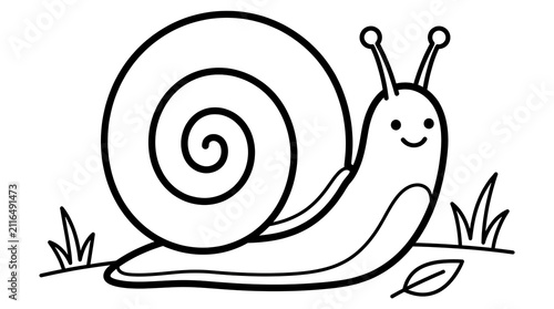 Cute cartoon snail with a spiral shell in a simple black and white line art coloring page style