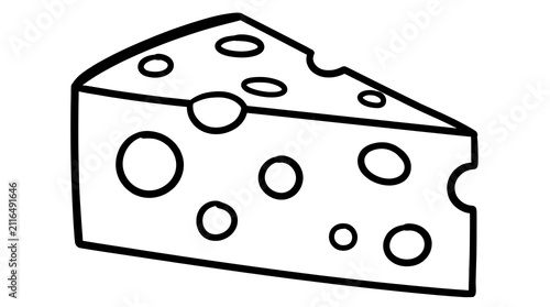 A simple black and white line drawing of a wedge of swiss cheese with holes
