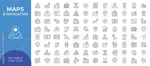 Map navigation and GPS location line icon set with Editable storke. containing route, pin and compass symbols.