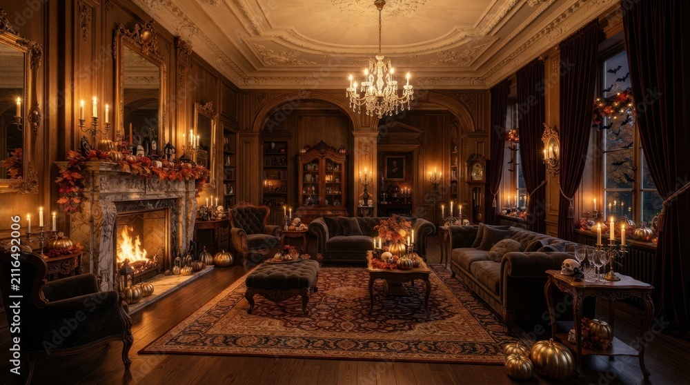 Obraz premium Elegant Victorian living room decorated for Halloween with pumpkins and candles