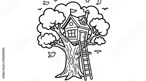 A black and white line art illustration of a cozy treehouse with a ladder for kids coloring page
