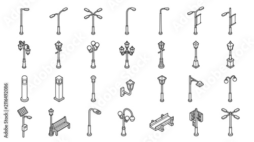 Isometric Street Light Icons Set