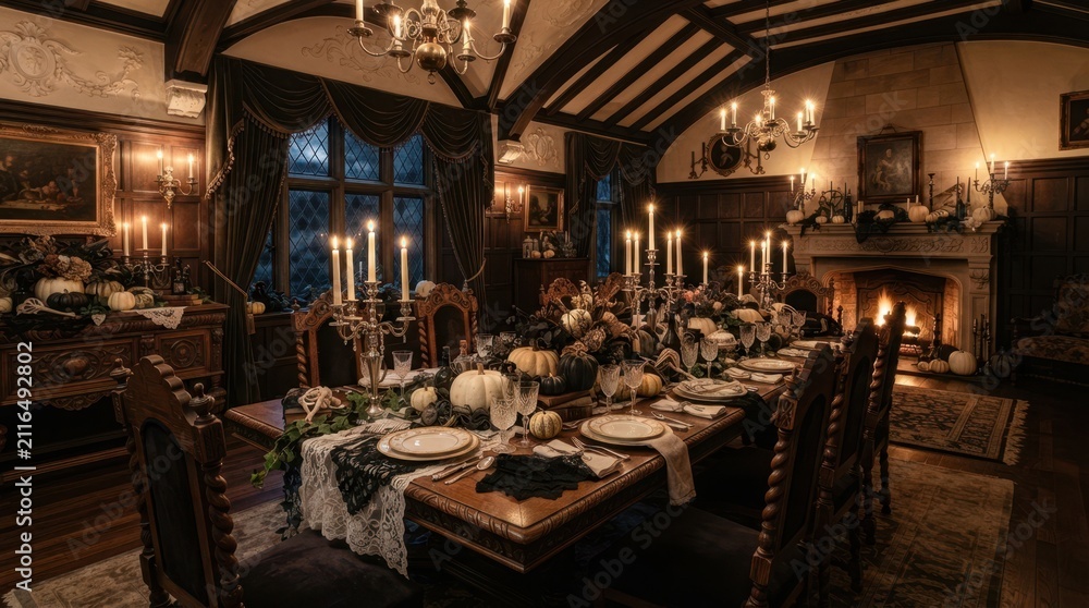 Obraz premium Gothic dining room set for a spooky Halloween feast with flickering candlelight