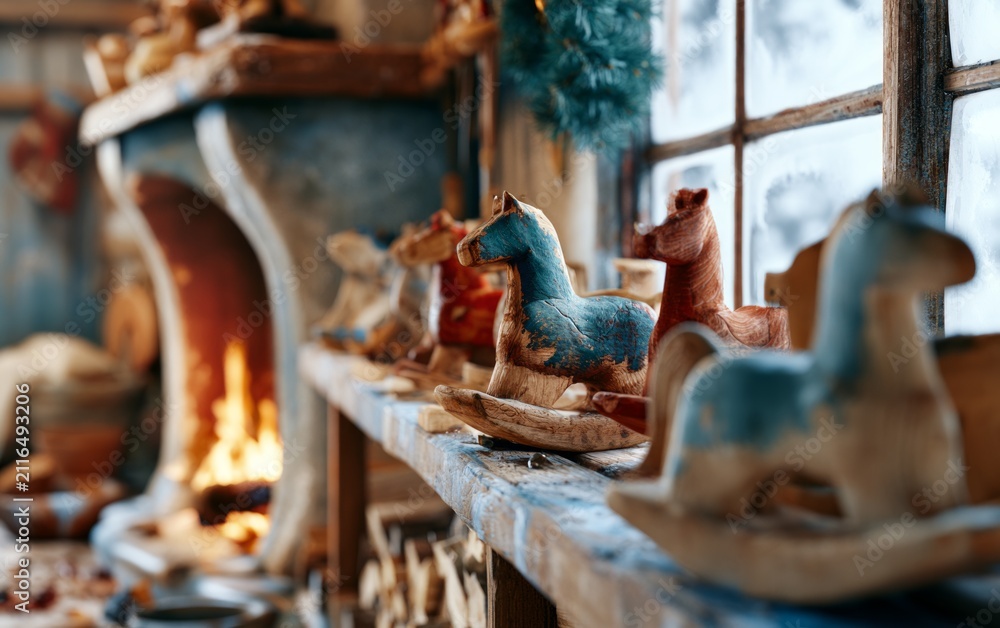 Obraz premium Vintage wooden rocking horse toys on rustic shelf with warm cozy fireplace