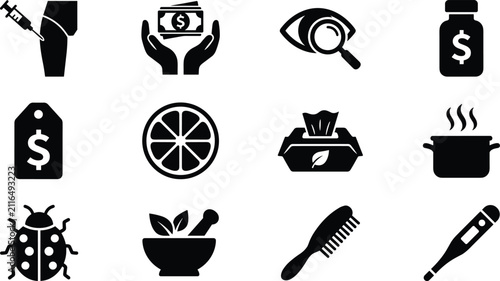 Healthcare And Lifestyle Vector Icon Set Featuring Injection Medical Cost Eye Test Herbal Remedy Thermometer Elements