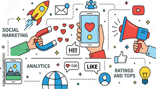Foto Social media marketing and digital communication concept with mobile smartphone