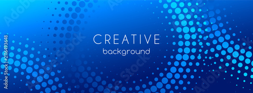 Blue gradient abstract background with halftone dotted circles. Vector minimalist creative long banner template