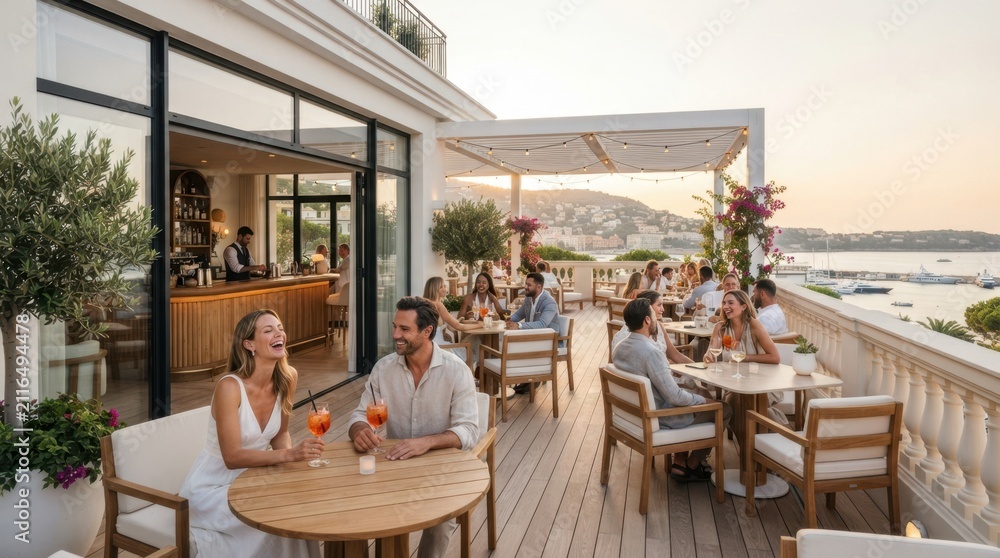 Fototapeta premium Elegant rooftop restaurant terrace overlooking the sea at sunset with happy diners