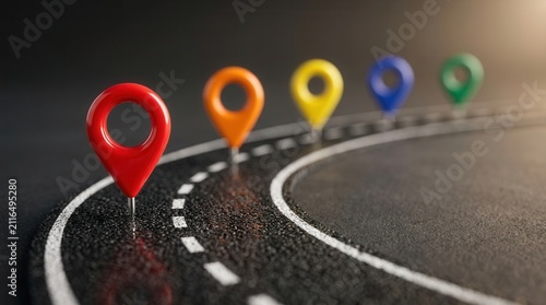 Obraz na płótnie Journey progress and future goals represented by colorful markers on a winding road path for business growth and life strategy planning