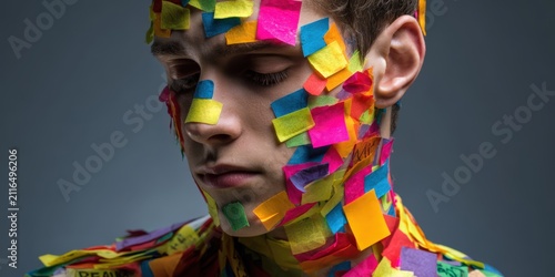 Young man overwhelmed by colorful sticky notes on face