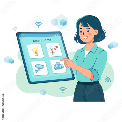 Woman controlling smart home automation system with digital tablet