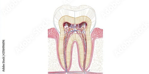 Tooth anatomy cross-section showing pulp, dentin, and enamel
