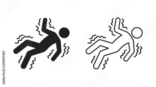 Falling person silhouette icon with wavy lines black and white design