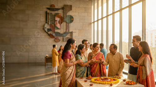 Happy Indian family in traditional attire celebrating a festival with sweets and marigold decorations in a modern sunlit hall