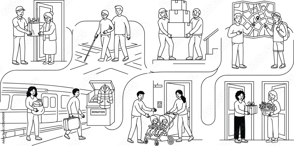 Obraz premium Community assistance and neighbor support line art collection featuring volunteering delivery moving guidance and everyday helping scenes