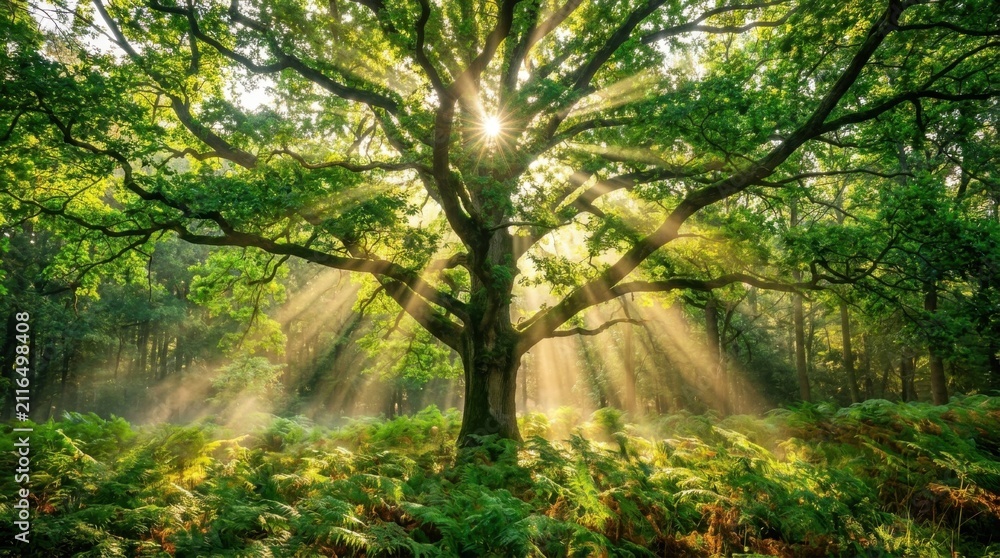 Obraz premium Majestic ancient oak tree in a sunlit forest with light rays