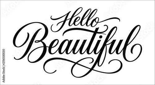 Canvas Print Calligraphic lettering with the words hello in black ink on a white background a