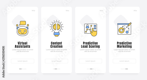 Scalable machine learning utilities onboarding screens. Automated workflow solutions. Cloud platform. UX UI walkthrough 4 steps. Flat design with icons. Modern mobile app introduction flow