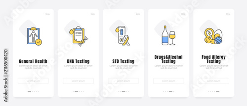Digital healthcare onboarding screens. Modern wellness tracking. Medical diagnostic and lab testing. UX UI walkthrough 5 steps. Flat design with icons. Modern mobile app introduction flow