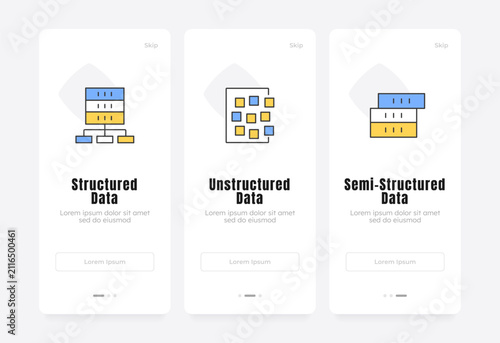 Data organization paradigms onboarding screens. Enterprise information architecture. Backend infrastructure. UX UI walkthrough 3 steps. Flat design with icons. Modern mobile app introduction flow