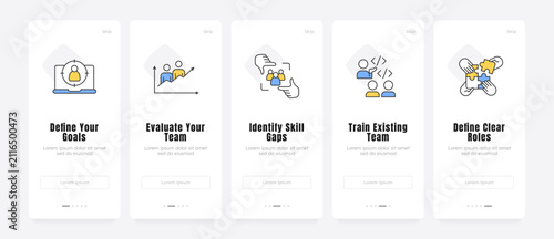 Strategic talent management framework onboarding screens. Workforce development strategy. Agile team scaling. UX UI walkthrough 5 steps. Flat design with icons. Modern mobile app introduction flow