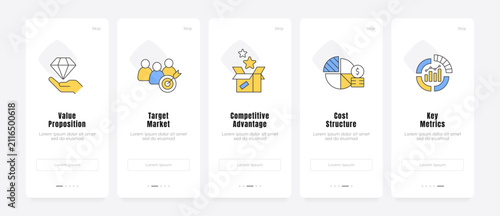 Core corporate growth pillars onboarding screens. Venture strategy overview. Agile organizational metrics. UX UI walkthrough 5 steps. Flat design with icons. Modern mobile app introduction flow