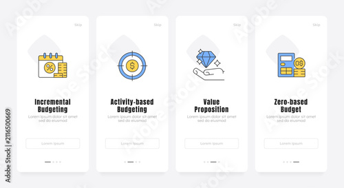 Strategic corporate financial planning onboarding screens. Capital allocation and budget modeling. UX UI walkthrough 4 steps. Flat design with icons. Modern mobile app introduction flow