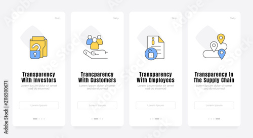 Ethical corporate governance initiatives onboarding screens. Modern brand accountability metrics. UX UI walkthrough 4 steps. Flat design with icons. Modern mobile app introduction flow