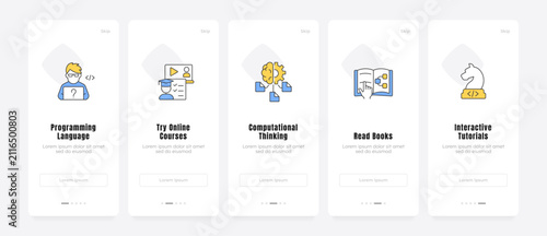 Interactive edtech user experience onboarding screens. Educational tech. Digital curriculum overview. UX UI walkthrough 5 steps. Flat design with icons. Modern mobile app introduction flow