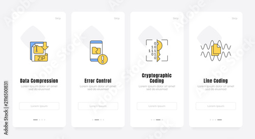 Core backend engineering onboarding screens. Data integrity optimization. Modern information theory principles. UX UI walkthrough 4 steps. Flat design with icons. Modern mobile app introduction flow
