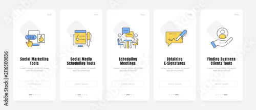 Modern business productivity workflow onboarding screens. Agile workforce operational efficiency. UX UI walkthrough 5 steps. Flat design with icons. Modern mobile app introduction flow