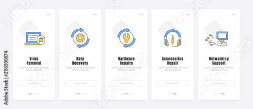 Digital repair service onboarding screens. Tech troubleshooting user flow. Modern device maintenance. UX UI walkthrough 5 steps. Flat design with icons. Modern mobile app introduction flow