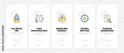 Operational workflows efficiently onboarding screens. Scaling modern business growth. Corporate productivity. UX UI walkthrough 5 steps. Flat design with icons. Modern mobile app introduction flow