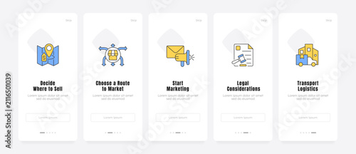 Scalable business growth framework onboarding screens. Product launch phases. Tech startup execution model. UX UI walkthrough 5 steps. Flat design with icons. Modern mobile app introduction flow