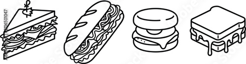 Fast Food Sandwich Icon Set with Club Sandwich Sub Burger and Melted Grilled Cheese Line Symbols