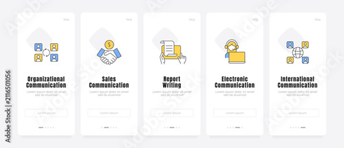 Modern corporate communication onboarding screens. Workforce connectivity and workspace collaboration. UX UI walkthrough 5 steps. Flat design with icons. Modern mobile app introduction flow