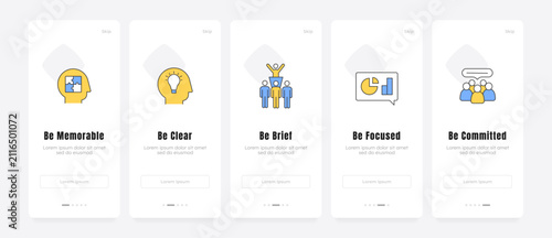 Professional communication skill strategy onboarding screens. Essential workplace guide pillars. UX UI walkthrough 5 steps. Flat design with icons. Modern mobile app introduction flow