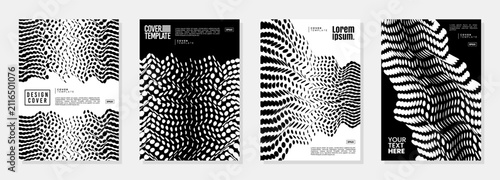 Set of black white wavy 3D halftone circle dot abstract cover