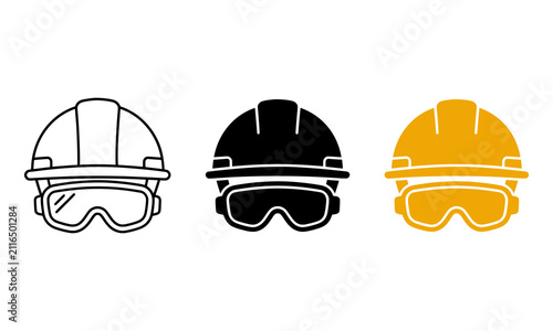 Industrial safety helmet and goggles icons, construction hard hat vector set, protective work gear symbols in black and yellow