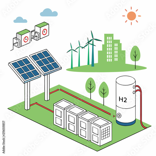 Green energy production diagram with solar panels and hydrogen storage, hydrogen