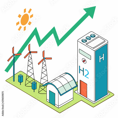 Renewable hydrogen plant growth concept with wind turbines and rising arrow