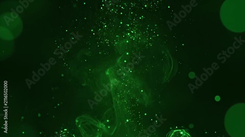 緑色に発光する粒子と煙のアブストラクト空間（宇宙, 背景, CG, サイバー）