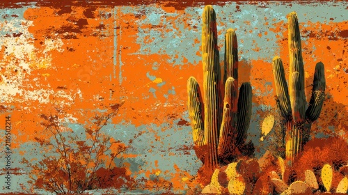 Desert Landscape with Saguaro Cactus and Prickly Pear in Orange and Blue Abstract Style Arizona