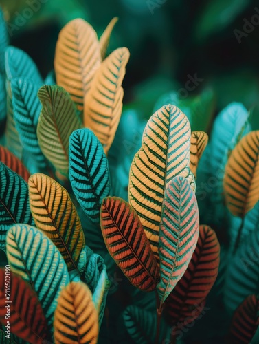 Close-up of Colorful Calathea Leaves Displaying Vibrant Patterns and Textures in a Lush Tropical Setting Botanical Beauty